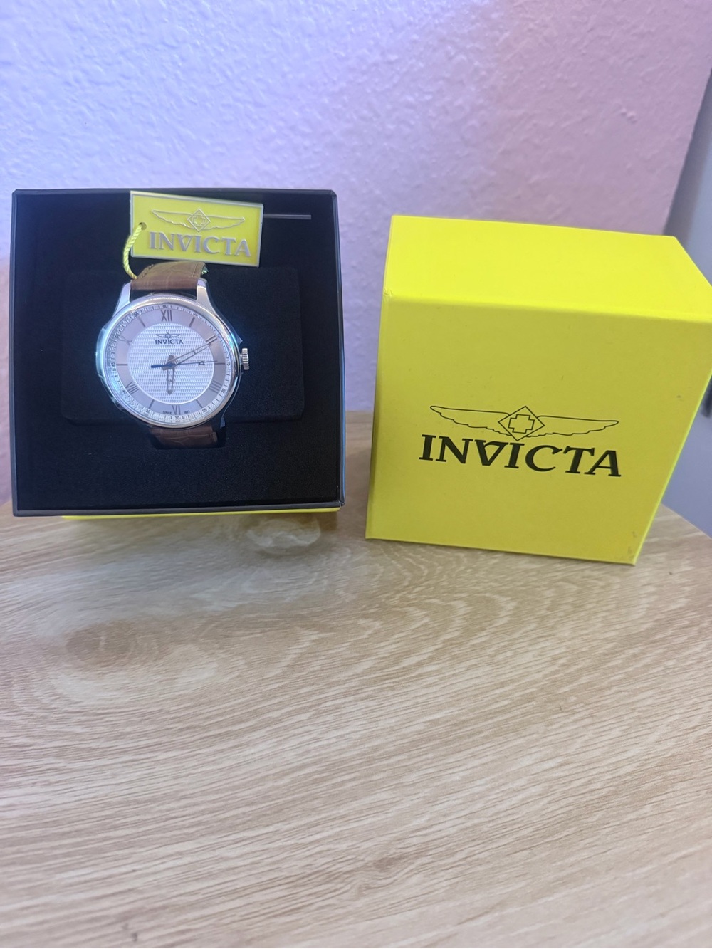 Invicta Silver Dial Brown Leather Strap Men’s Watch with Yellow Box